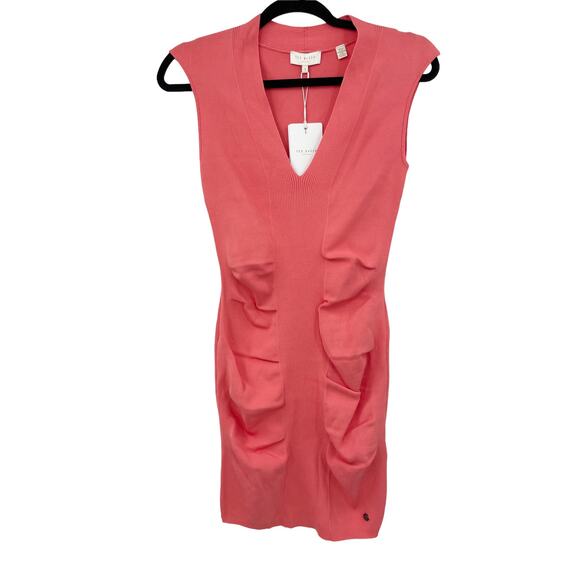 Ted Baker LONDON Dress Womens 0-2 US Novari Ruched Ribbed Knit Coral Pink NWT - Picture 1 of 7